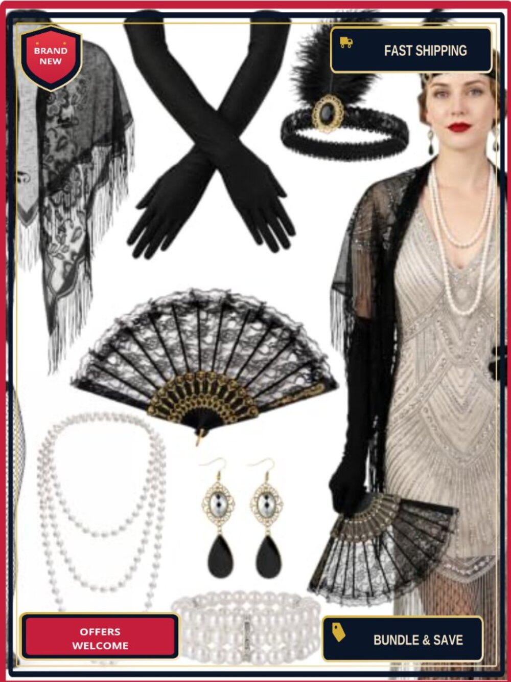 8PCS 1920s Flapper Accessories Set Lace Shawl Feather Headband Satin Gloves